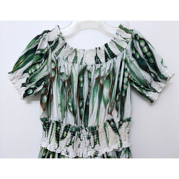 Dolce & Gabbana Green Beans Snap Pea Mini Dress White Cotton Smocked IT 48 - Picture 11 of 16